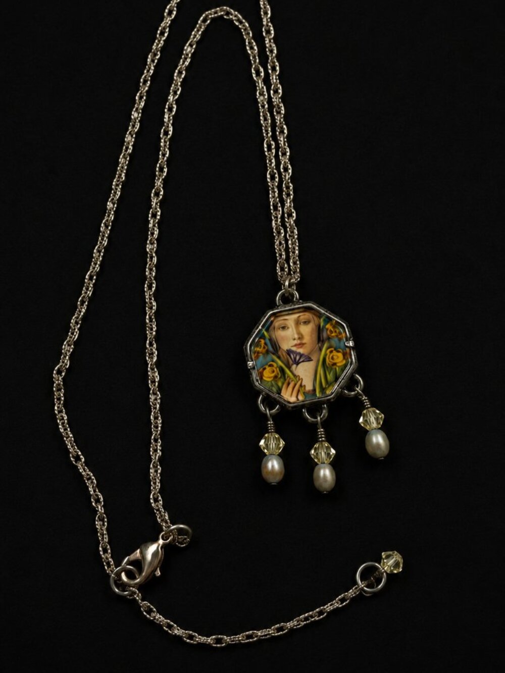 Vintage Sterling Silver Estrin Art Pendant Necklace Faux Pearls Glass Beads
